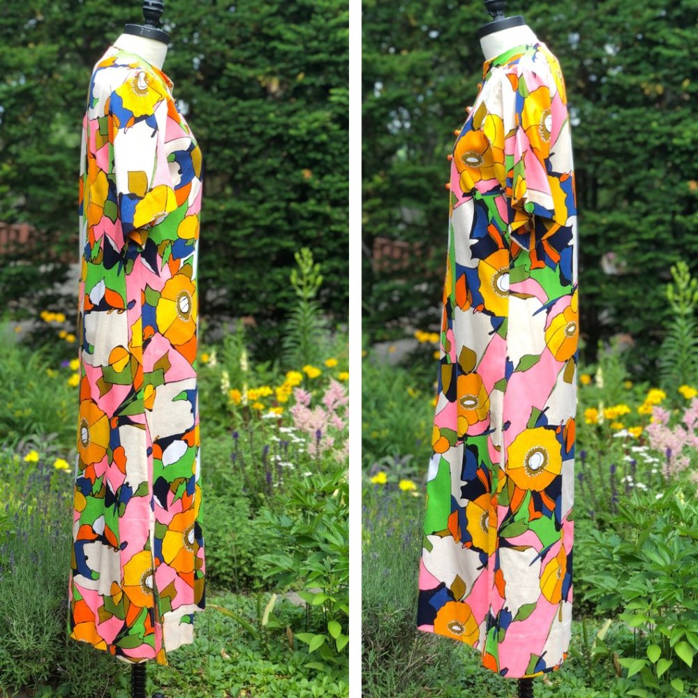 Vintage 60s/70s Psychedelic Floral Citrus Fruit Flower Power Hostess Maxi Dress - Picture 8 of 16